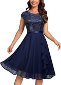 Women's Elegant Glitter Sequin Ruffle Cocktail Dress - Knee Length