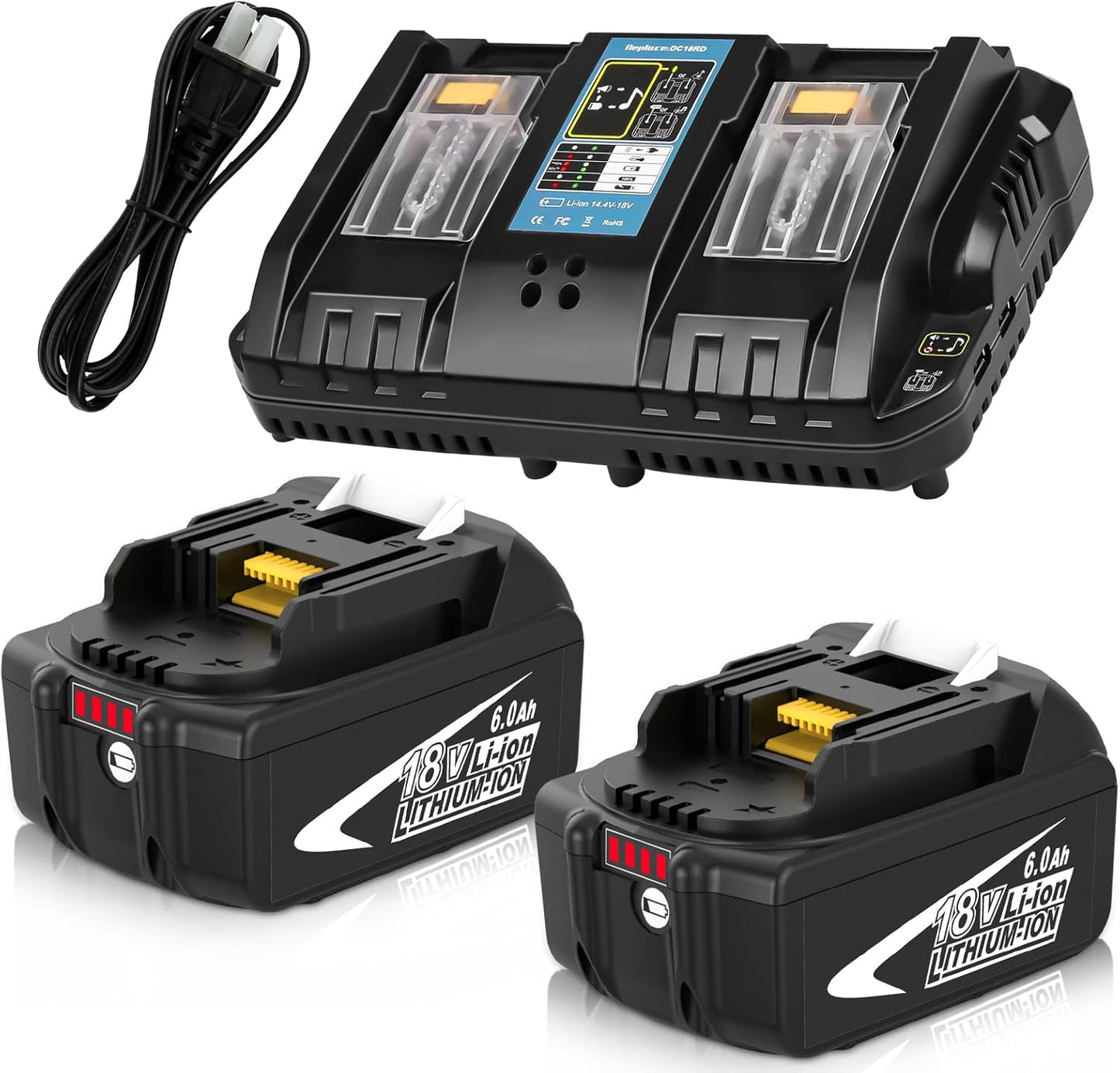 2Packs 6000mAh BL1860B Battery and DC18RD Charger for Makita