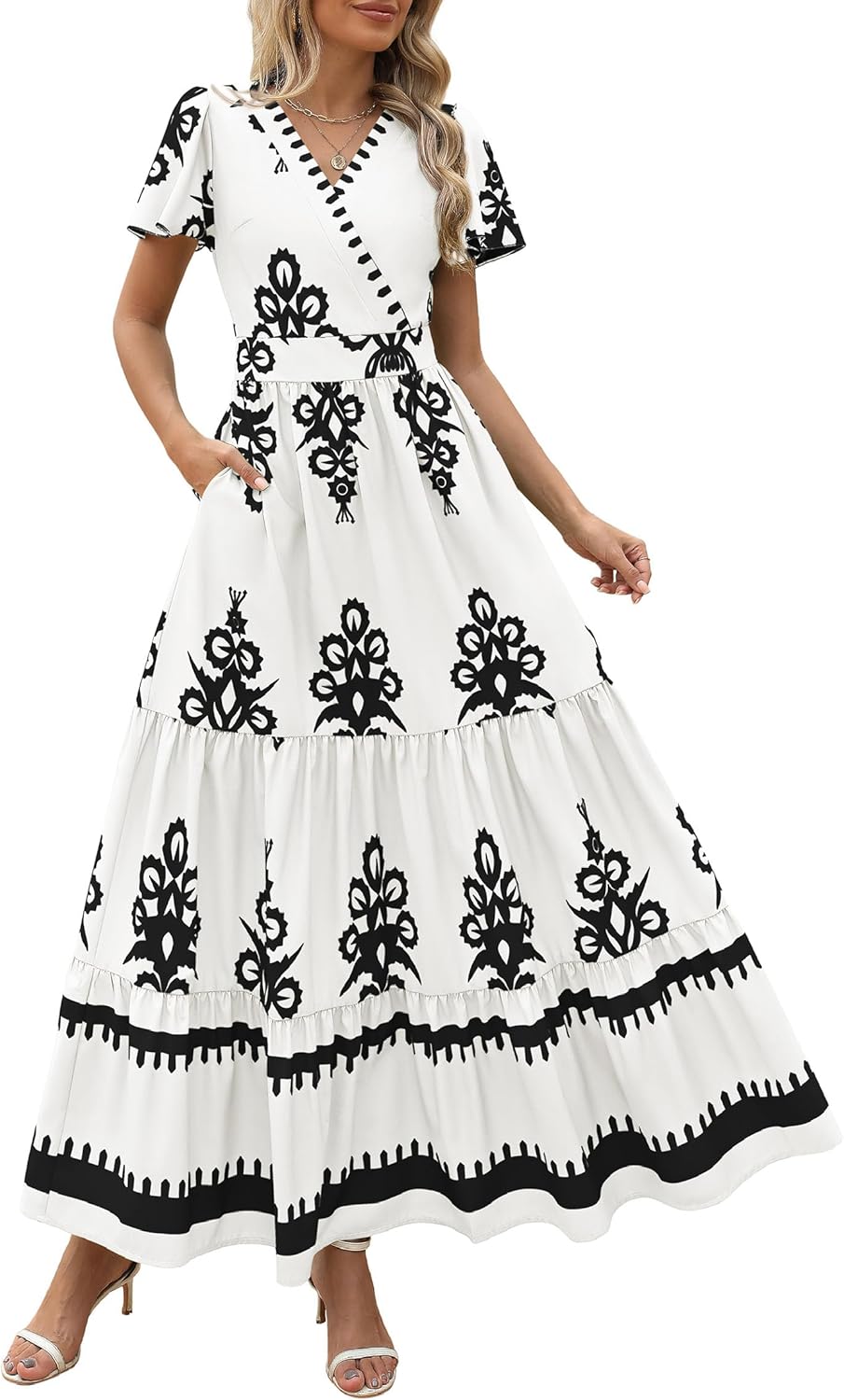 PRETTYGARDEN Womens Summer Casual V Neck Boho Maxi Dress