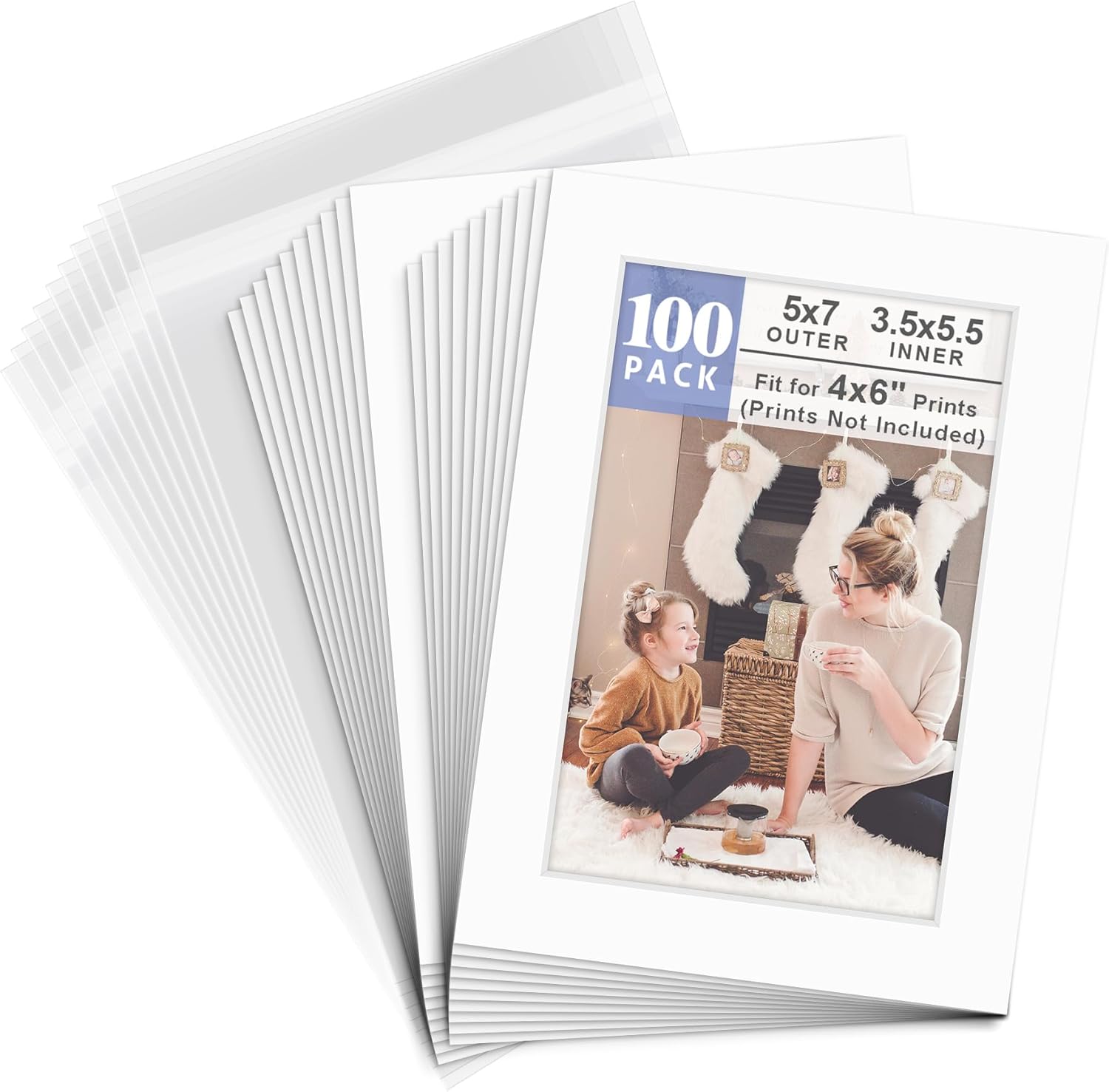 Pack of 100 5x7 WHITE Picture Mats for 4x6 Photos and More