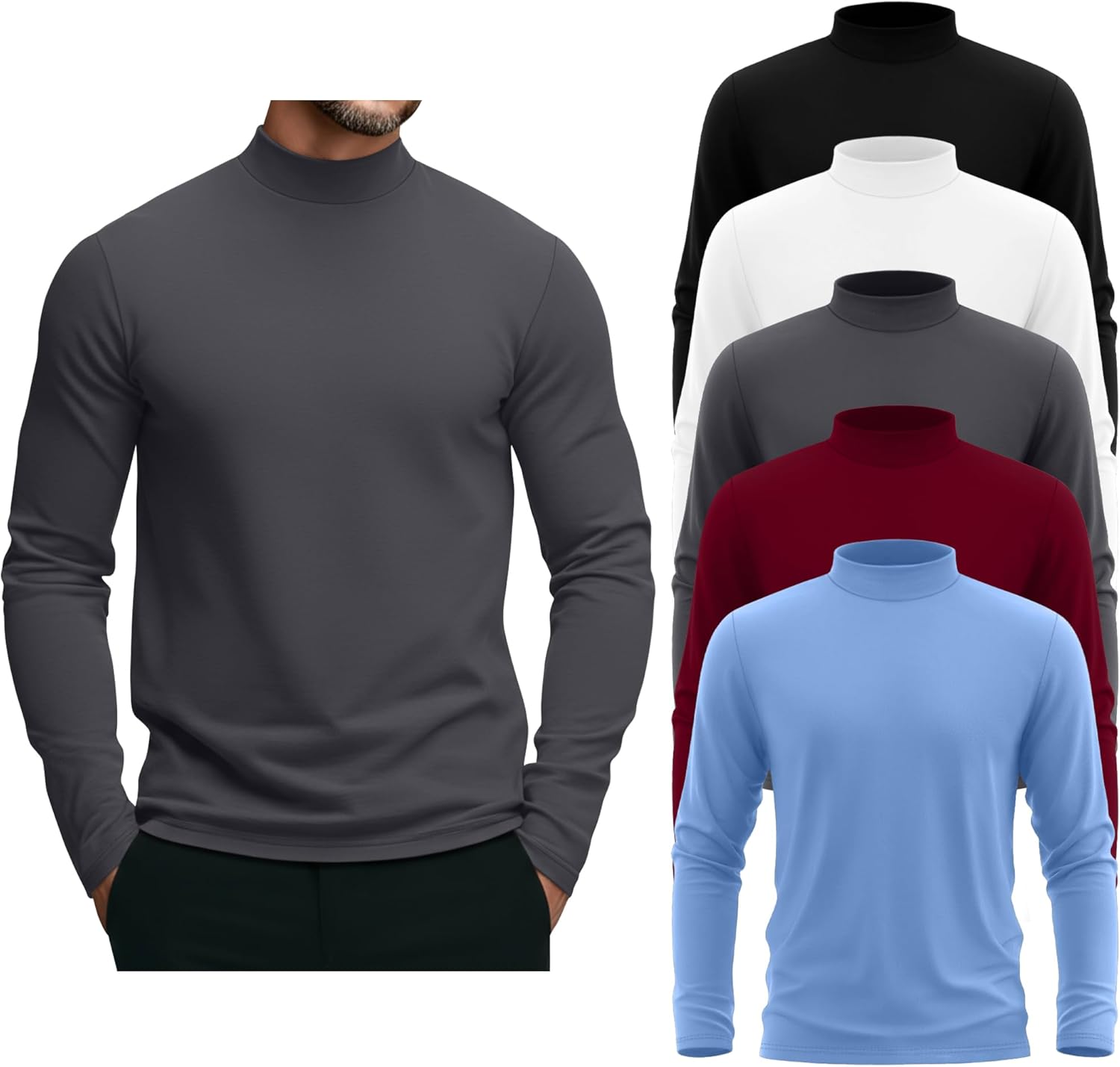 5 Pack Men's Mock Turtleneck Shirts for Casual and Business Wear