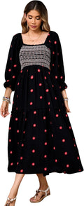 R.Vivimos Women's Cotton Boho Midi Dress with Long Sleeves