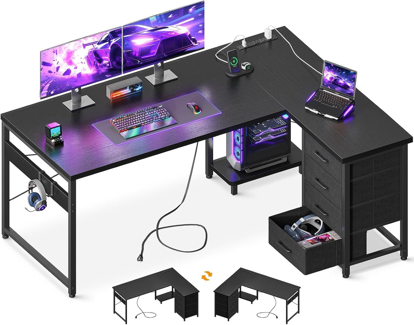 L Shaped Gaming Desk with 4 Drawers and USB Charging Ports