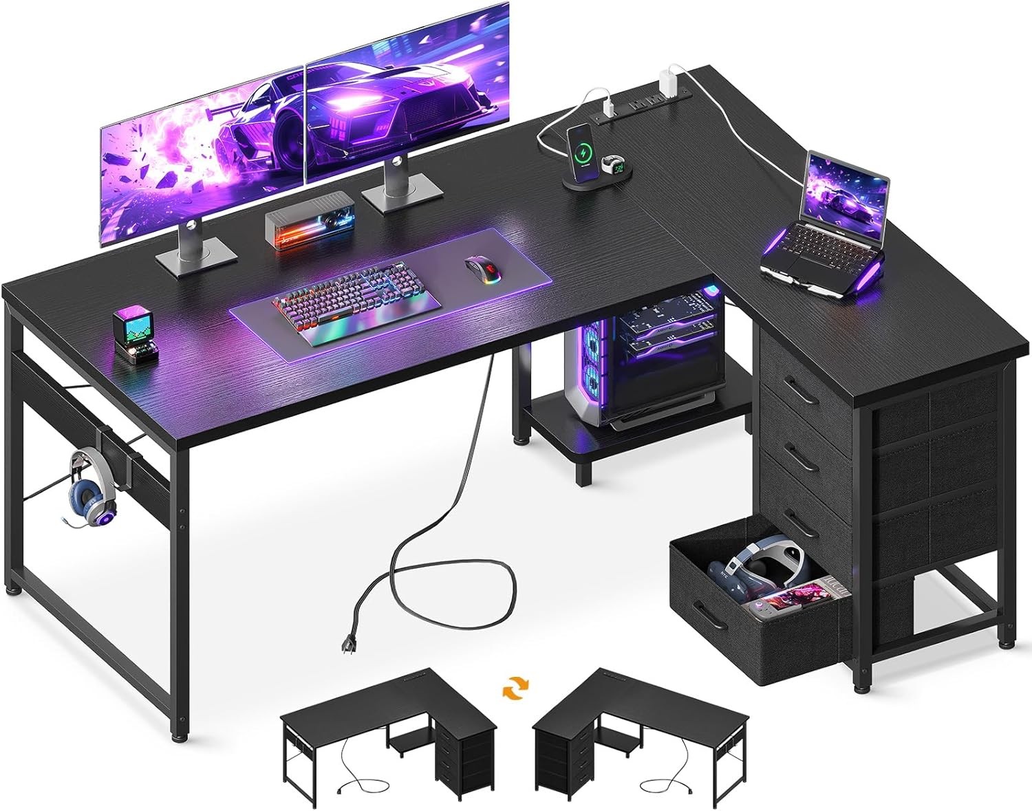 L Shaped Gaming Desk with 4 Drawers and USB Charging Ports