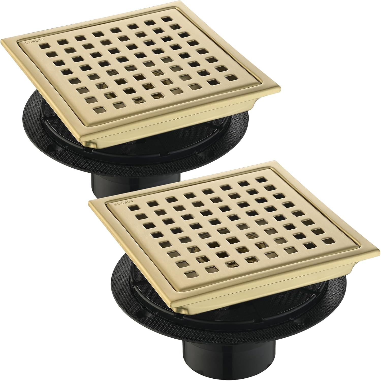 6 Inch Set of 2 Brushed Gold Square Shower Drains for Home