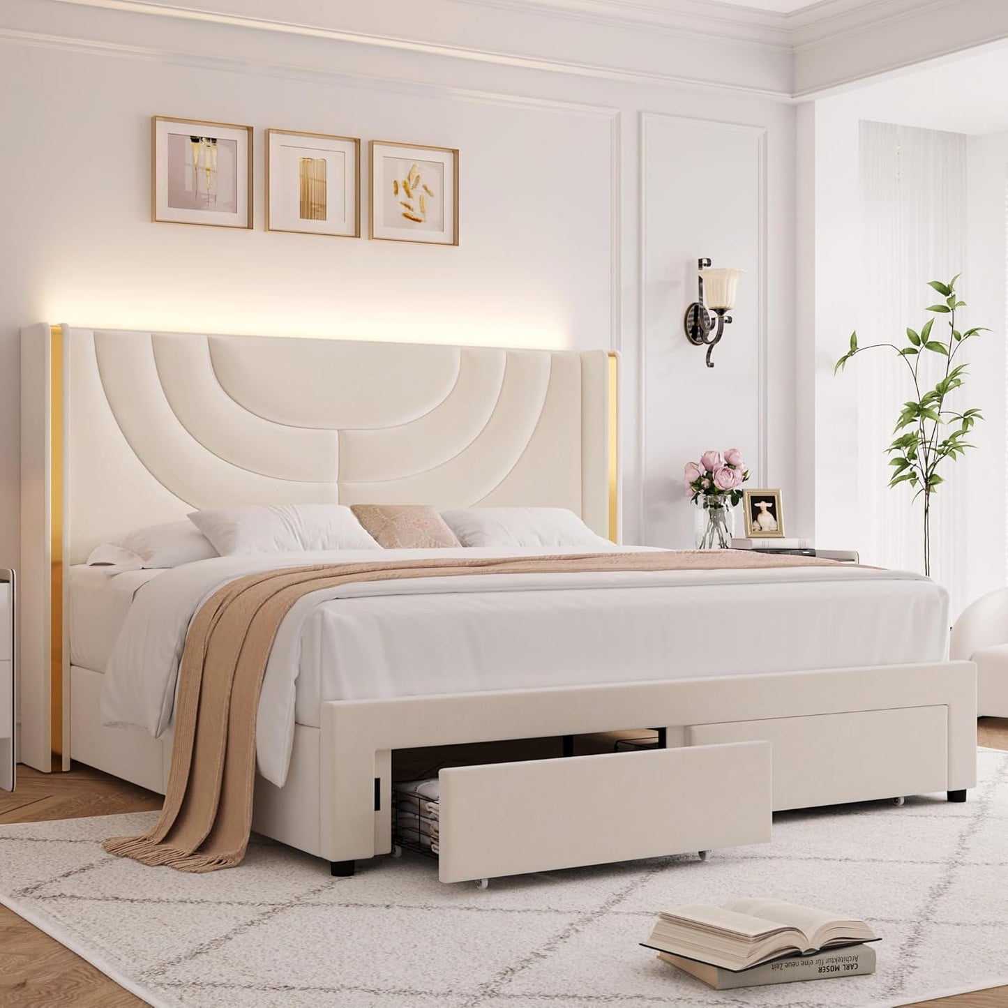 HITHOS King Upholstered LED Bed Frame with Storage Drawers