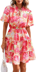 Summer Floral Short Dress V Neck Tiered Ruffle Boho Mini - Flattering
