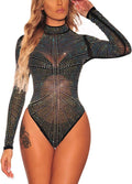 Women Mesh Long Sleeve See Through Jumpsuit Bodysuit - Sheer