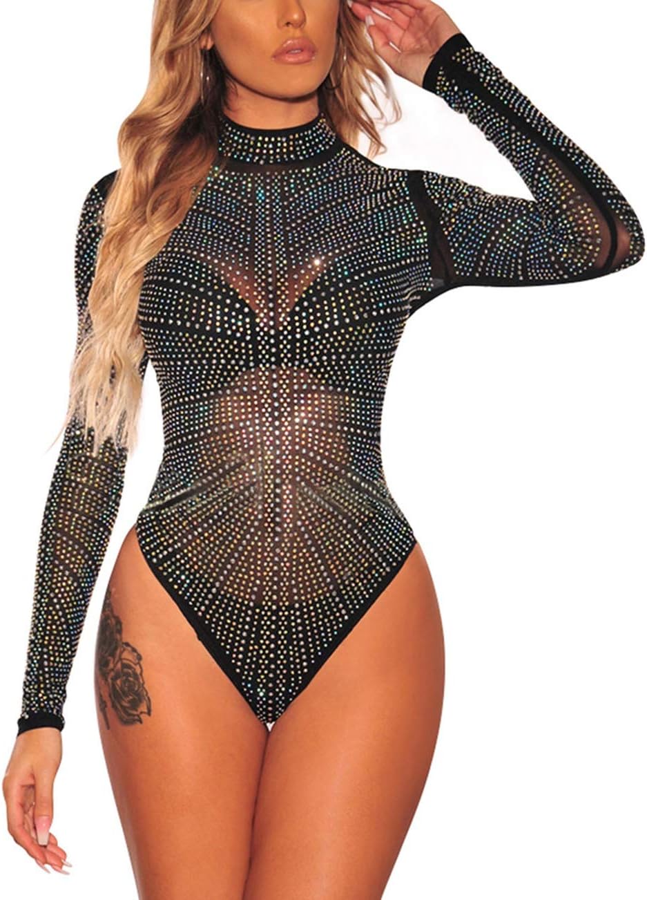 SEBOWEL Women Long Sleeves Mesh See Through Jumpsuit Bodysuit