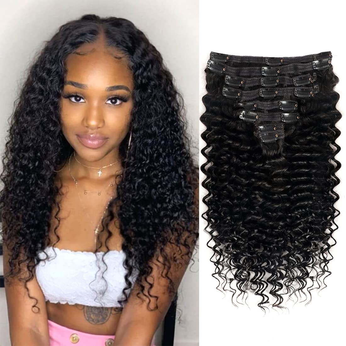 Deep Wave Clip in Hair Extensions for Natural Black Hair