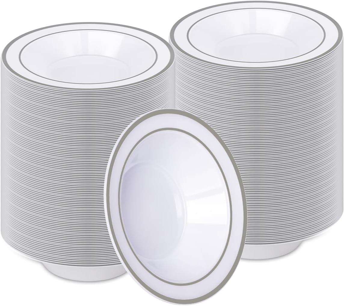 200 Pack Plastic Bowls with Silver Rim for Elegant Dining