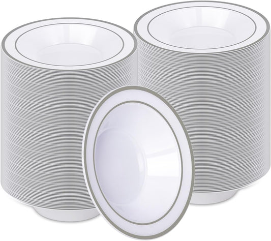 200 Pack Plastic Bowls with Silver Rim for Elegant Dining