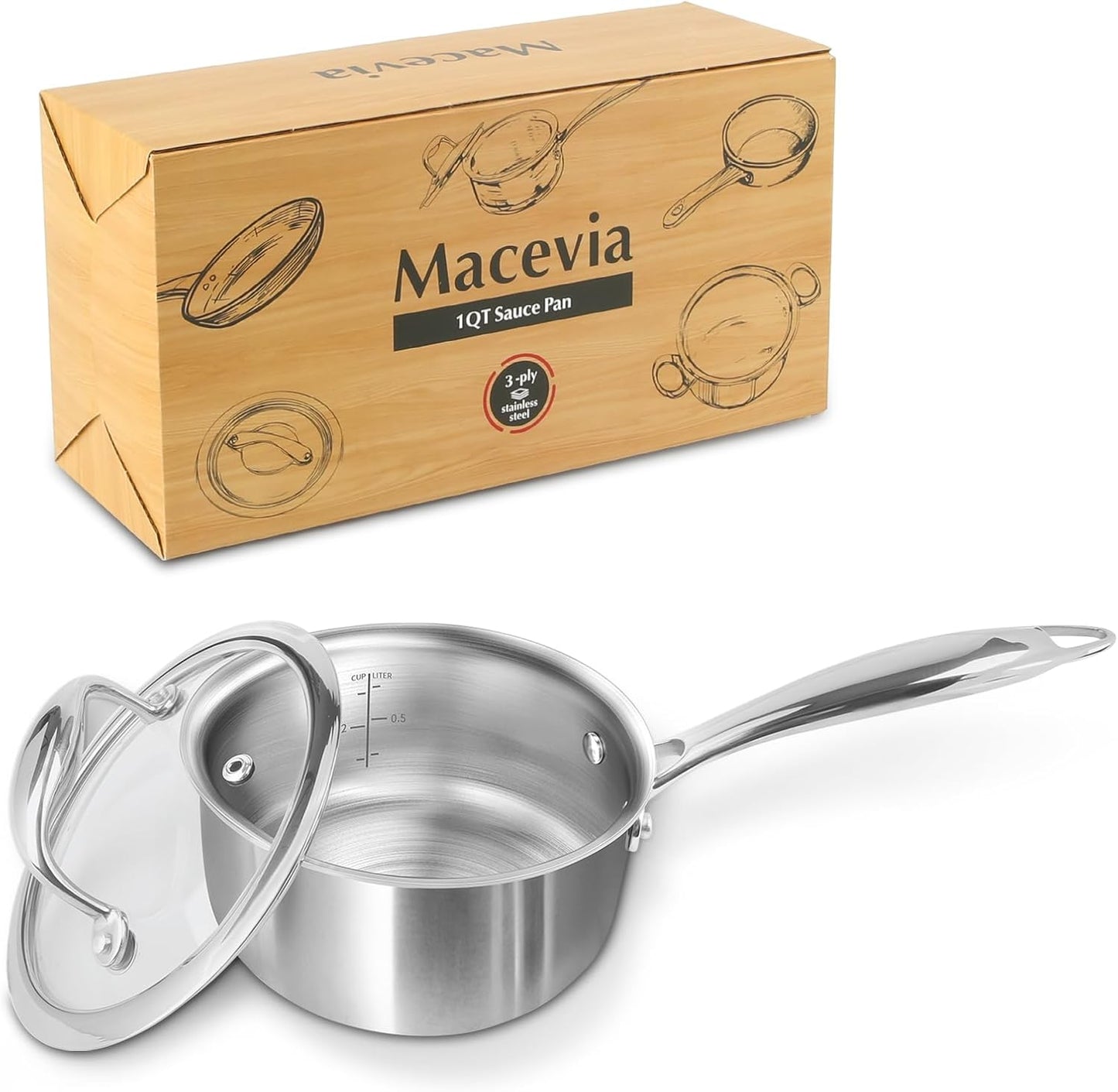 Macevia 1 Quart Sauce Pan with Glass Lid for All Stoves