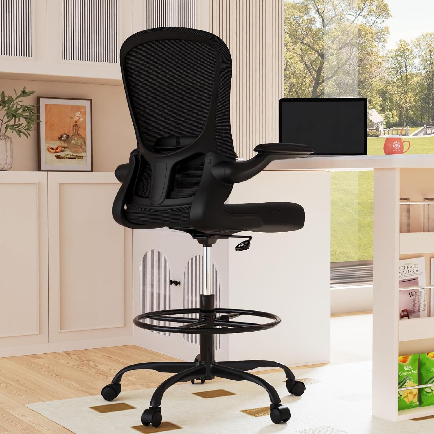 Ergonomic Drafting Chair with Adjustable Footrest and Armrests
