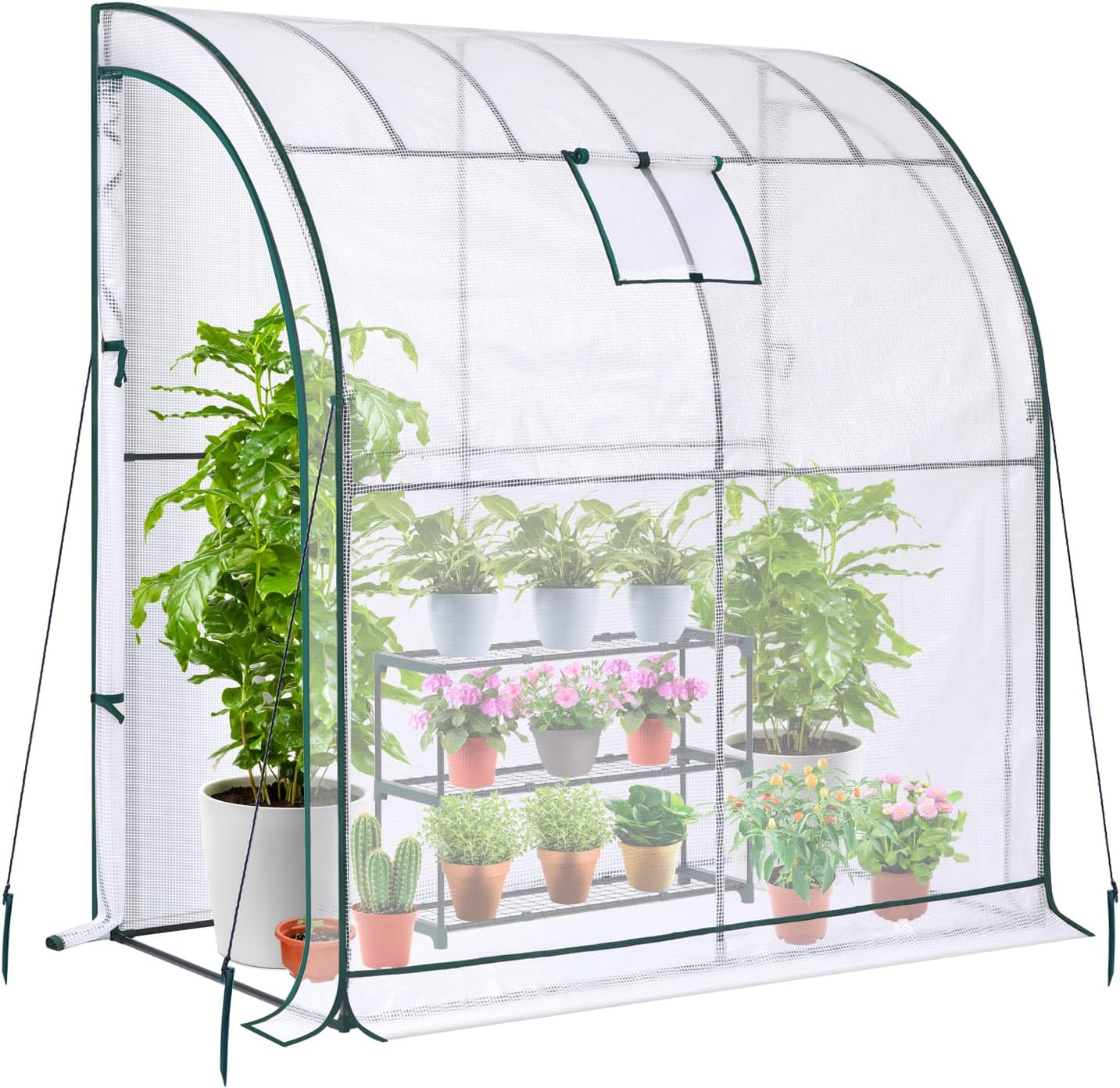 Lean to Greenhouse with 3-Tier Shelves for Outdoor Gardening