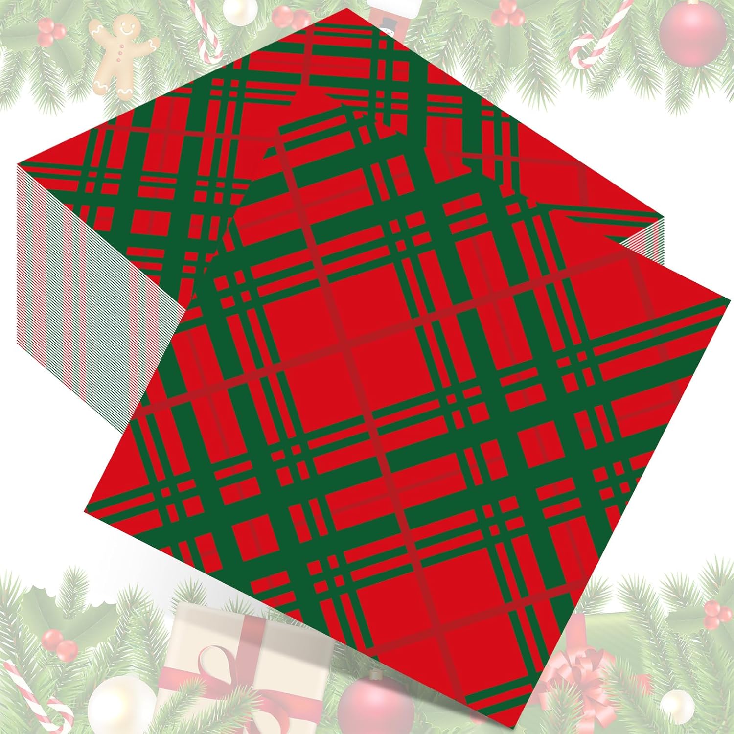 Christmas Cheers Plaid Cocktail Napkins - Festive 3-ply Disposable Napkins by Chiisong