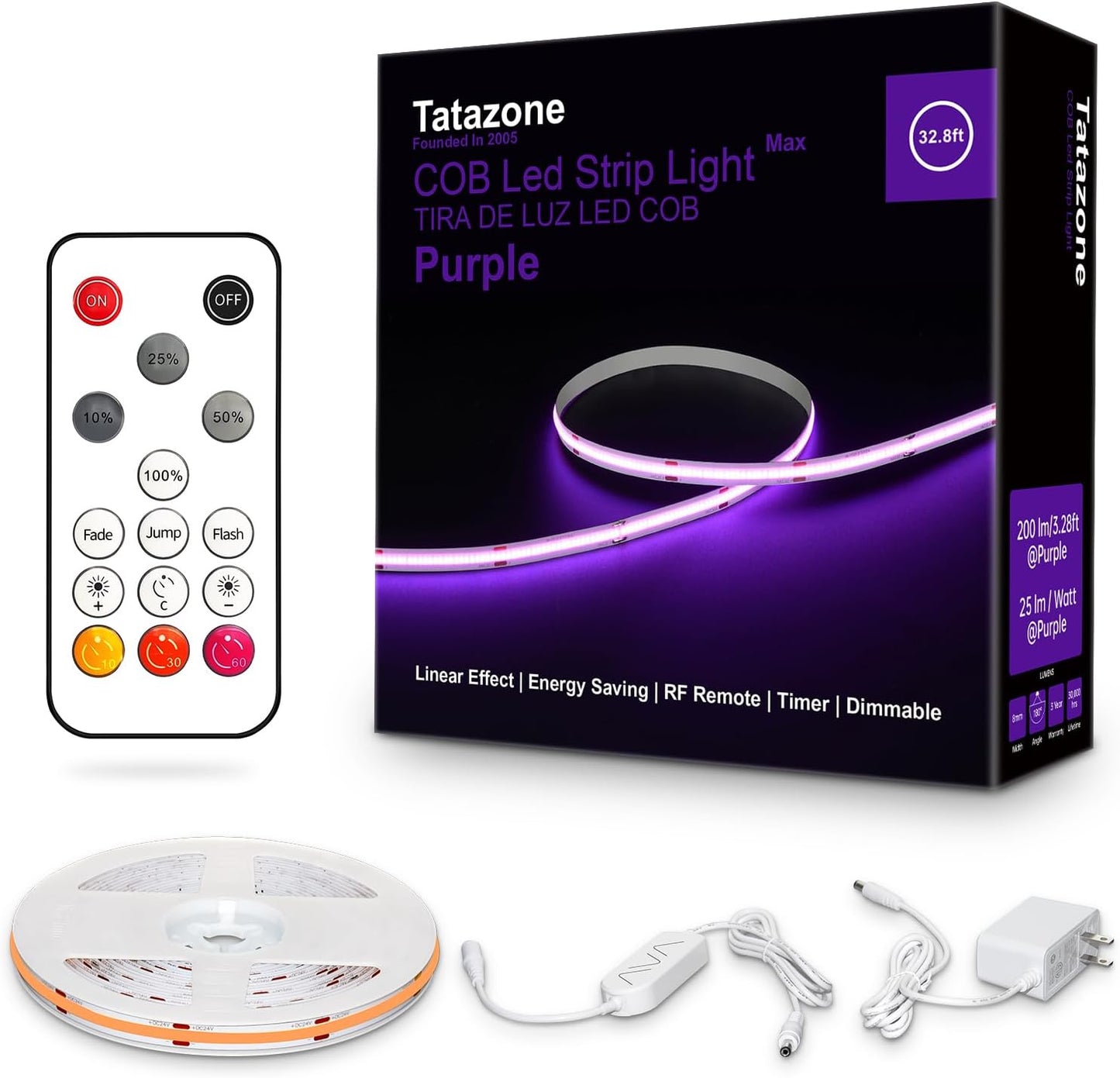 32.8ft Purple COB Led Strip Lights with Remote for Home Use