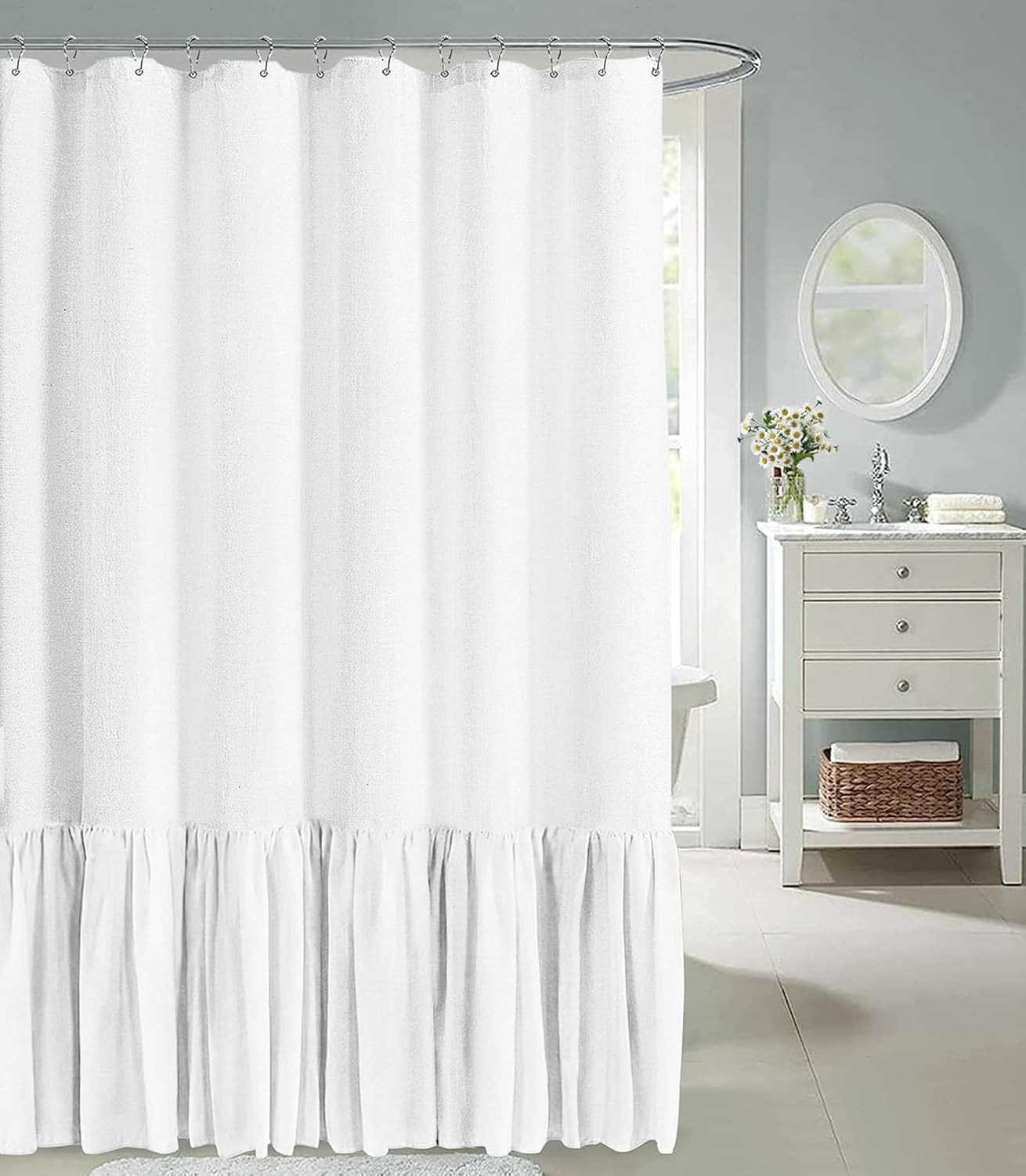 Awellife Ivory White Linen Shower Curtain - Farmhouse Chic 72x72 | Ruffle Hem | 12 Hooks