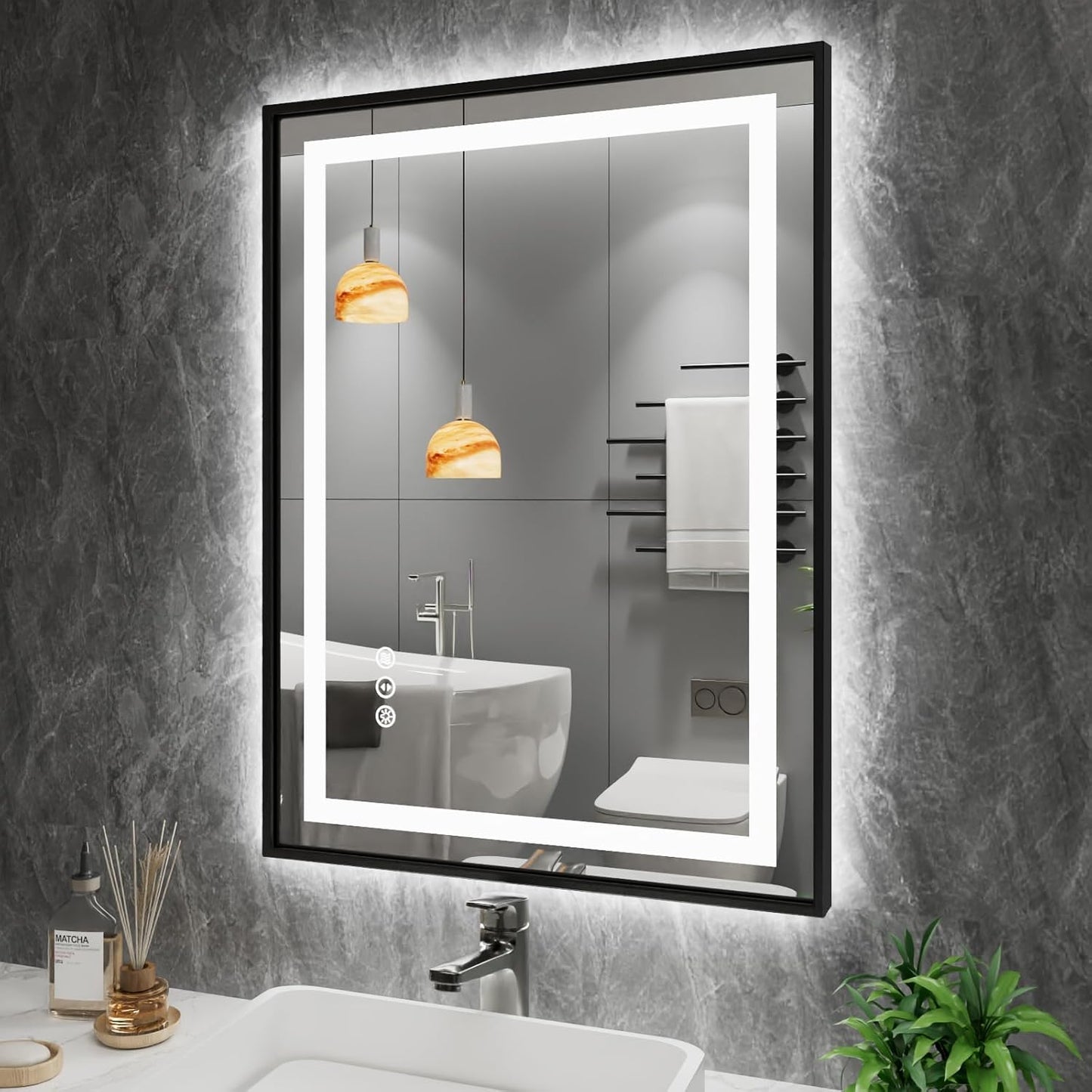 Amorho 24x32 LED Bathroom Mirror with Black Frame and Lights