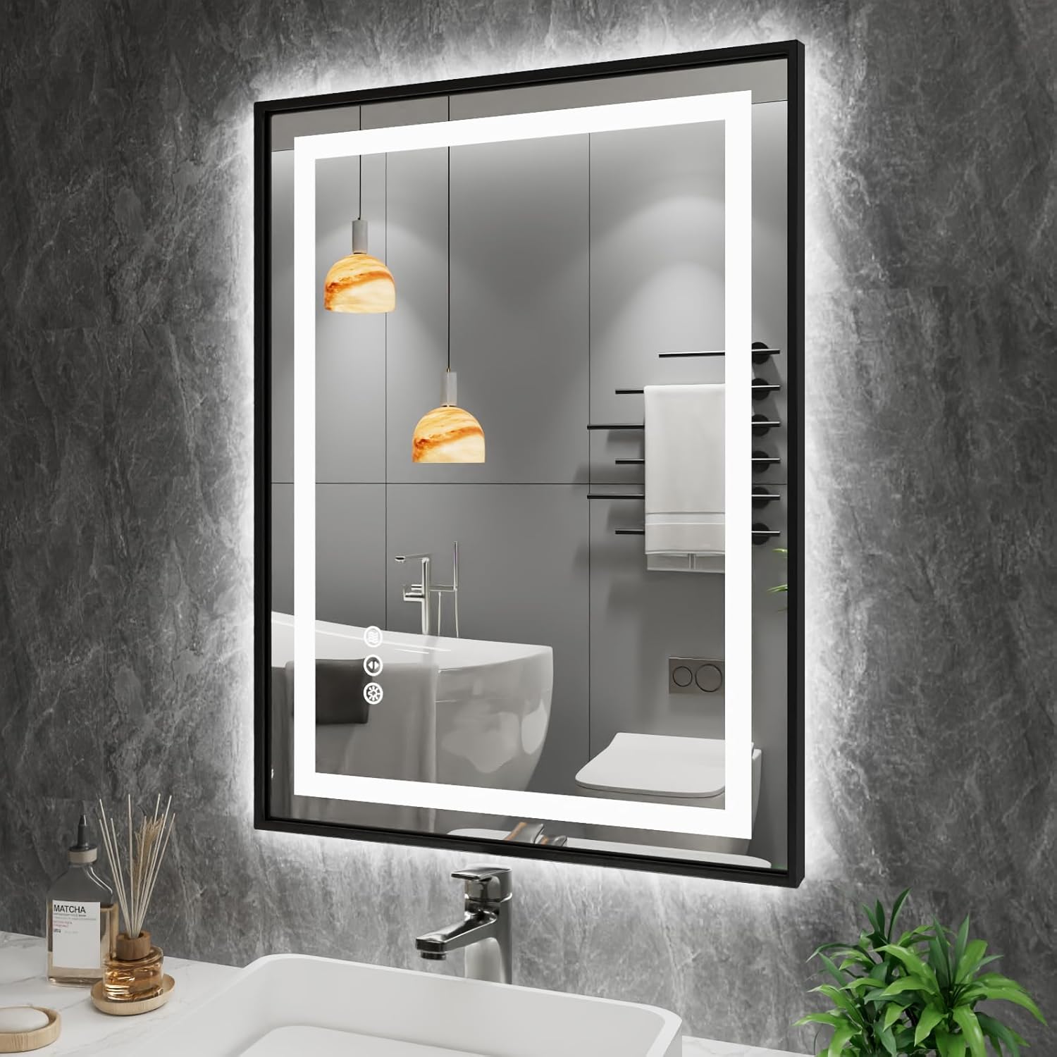 Amorho 24x32 LED Bathroom Mirror with Black Frame and Lights