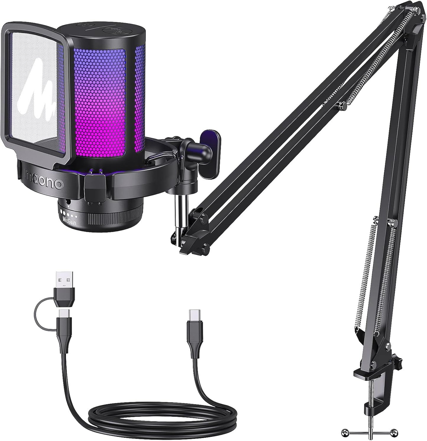 MAONO Gaming USB Mic - Noise Cancel, Gain, Mute, Boom Arm - Stream, Podcast, Game