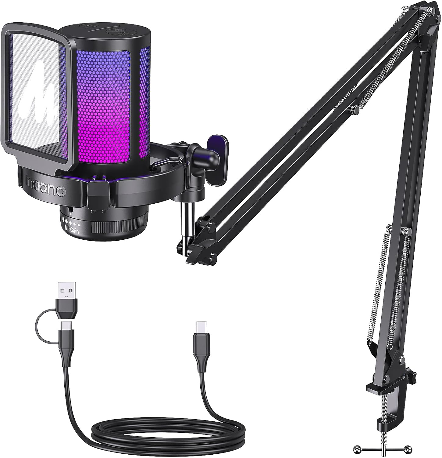 MAONO Gaming USB Mic - Noise Cancel, Gain, Mute, Boom Arm - Stream, Podcast, Game