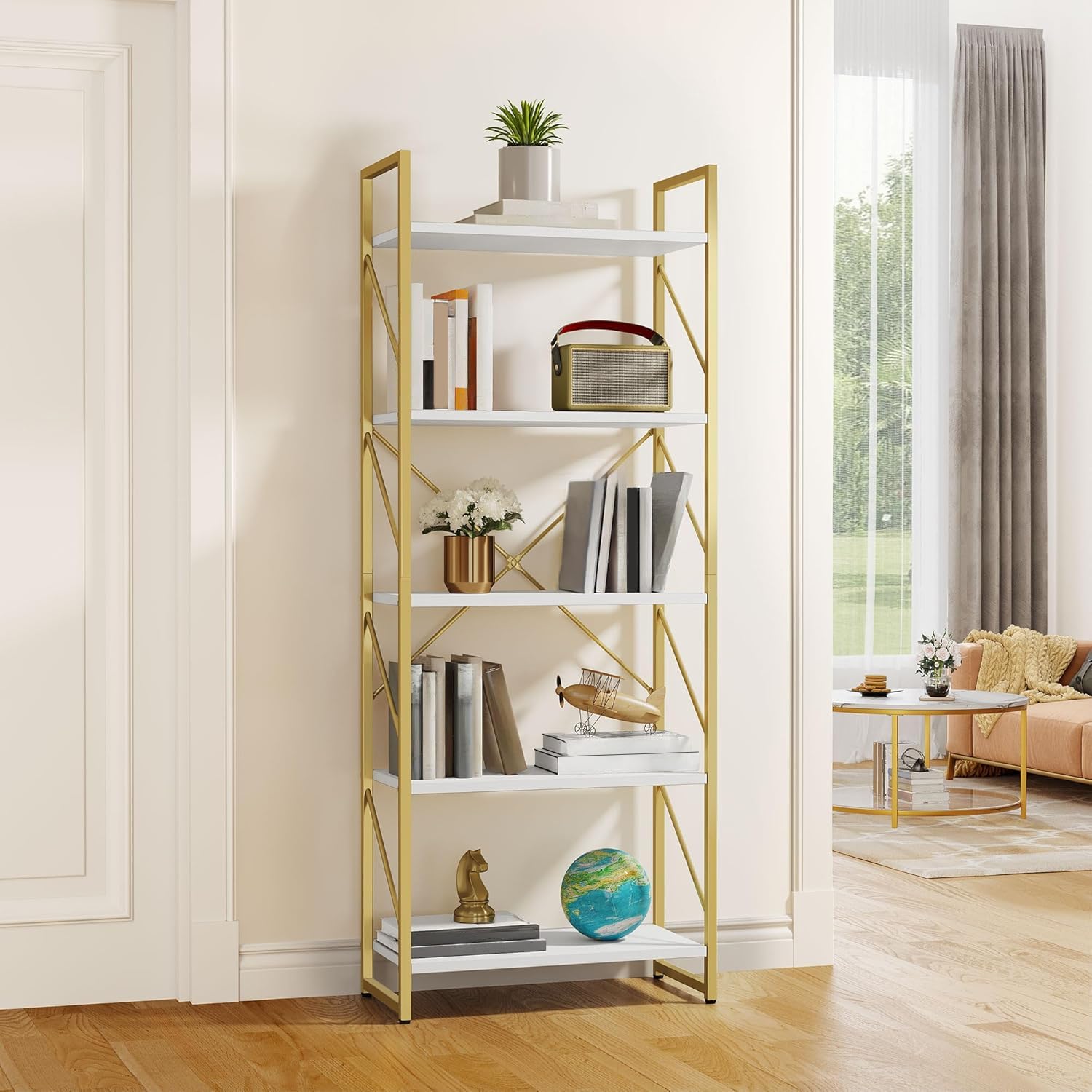 YITAHOME 5 Tier Gold Bookshelf for Modern Living Room Storage