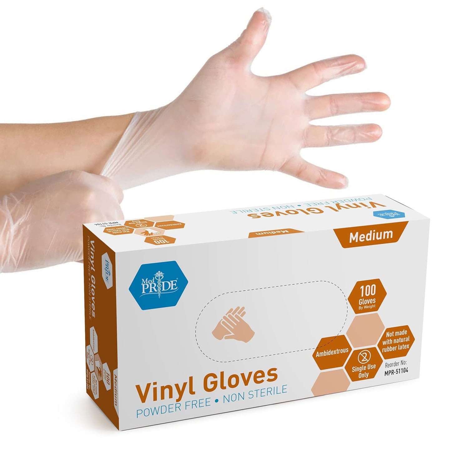 Med PRIDE Medium Vinyl Gloves | Box of 100 | Heavy Duty, Powder-Free