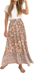 Women's Bohemian Floral A Line Maxi Skirt with Pockets - Teal Floral