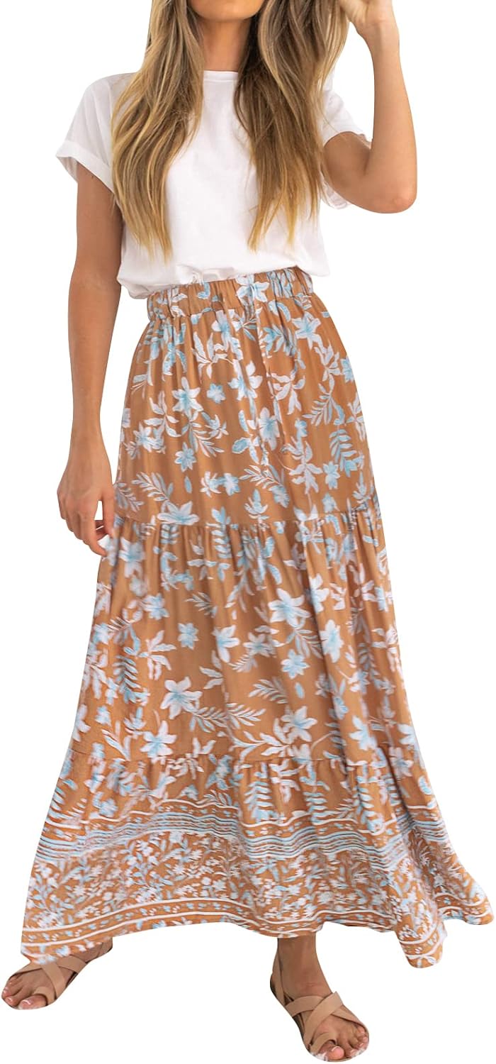 ZESICA Women's Bohemian Floral Printed A Line Maxi Skirt