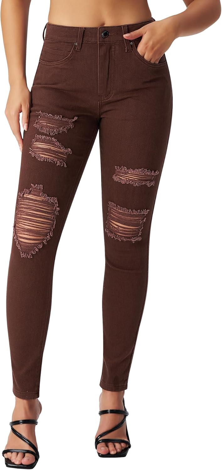 Roswear Women's Ripped Mid Rise Skinny Jeans for Stylish Comfort