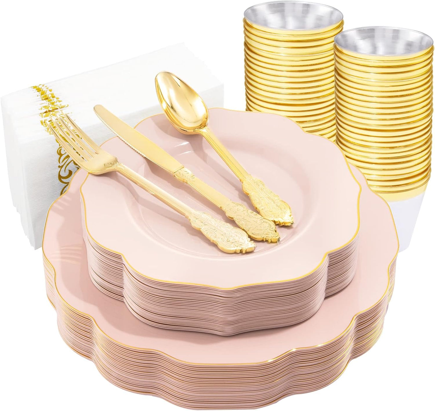 NOCCUR 175PCS Pink & Gold Disposable Tableware - Perfect for Weddings & Parties