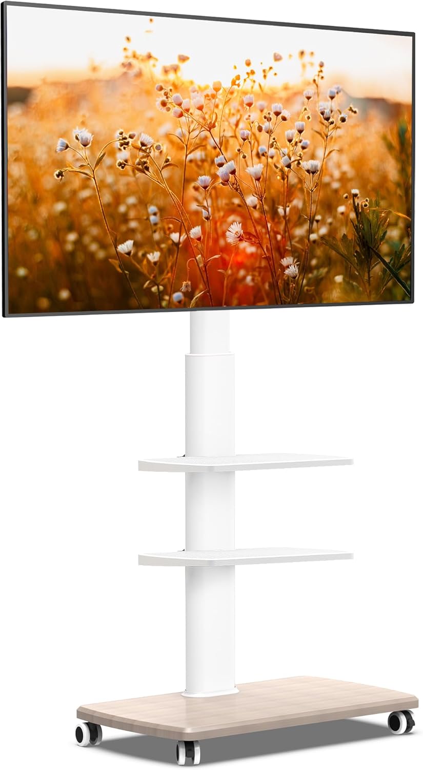 Mobile TV Stand for Flat Screens, Swivel Mount, White
