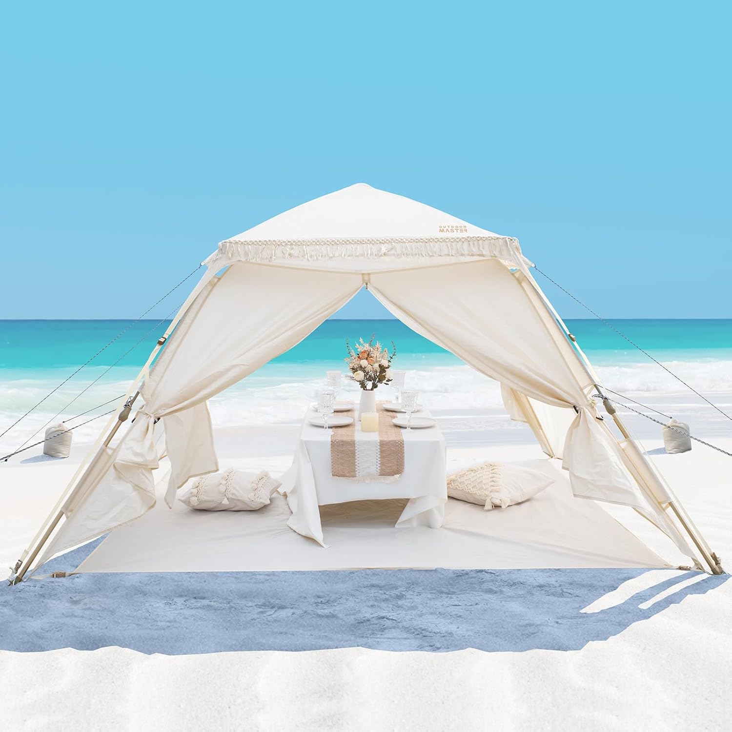 OutdoorMaster 4 Person Fringe Beach Tent, UPF 50+ Protection