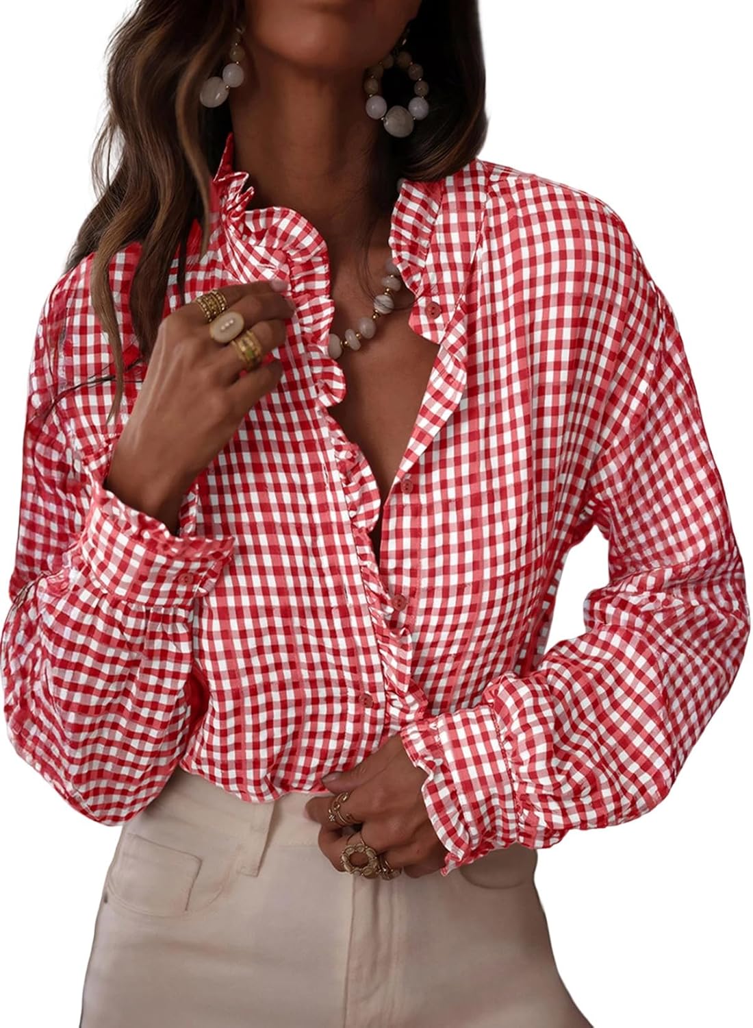 Astylish Womens Plaid Ruffle V Neck Blouse for Casual Style
