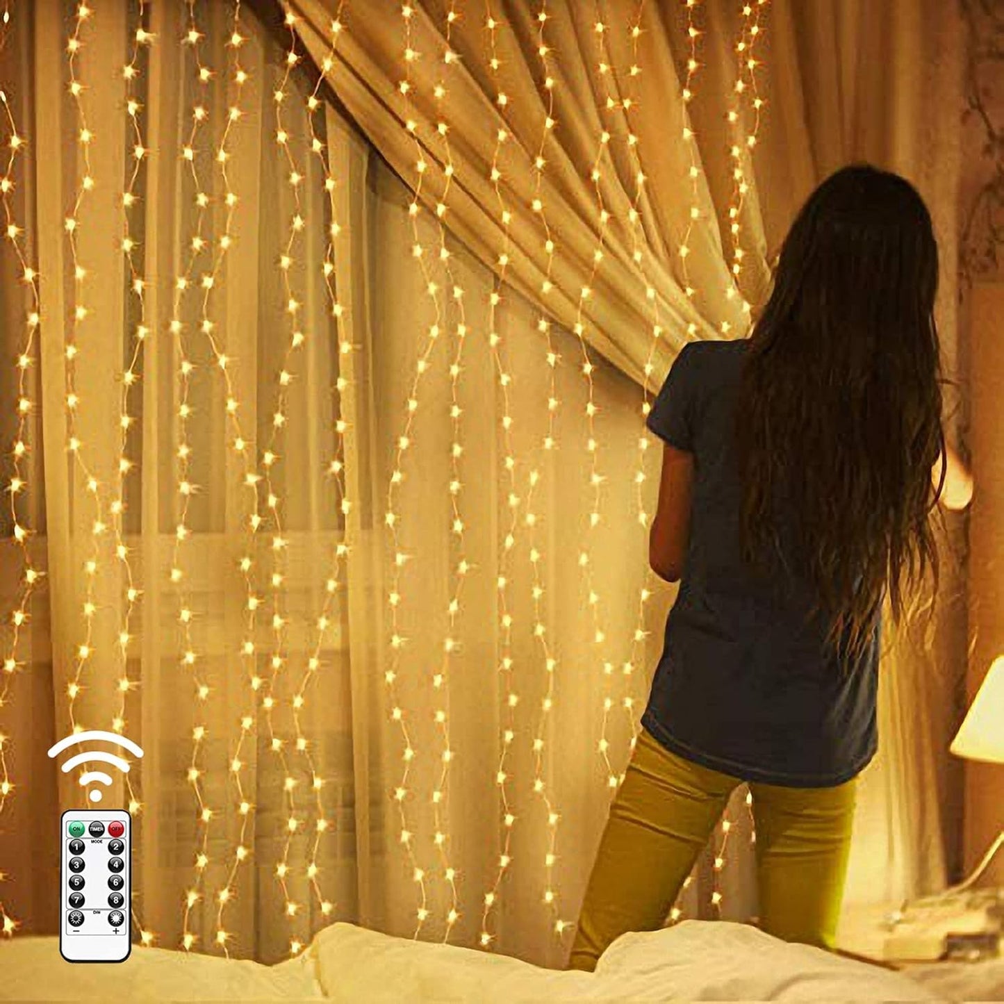 MESHA 300LED Curtain Lights: Remote Controlled Warm Glow!