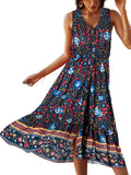 Bohemian Floral V Neck Button Down Sleeveless Dress for Women