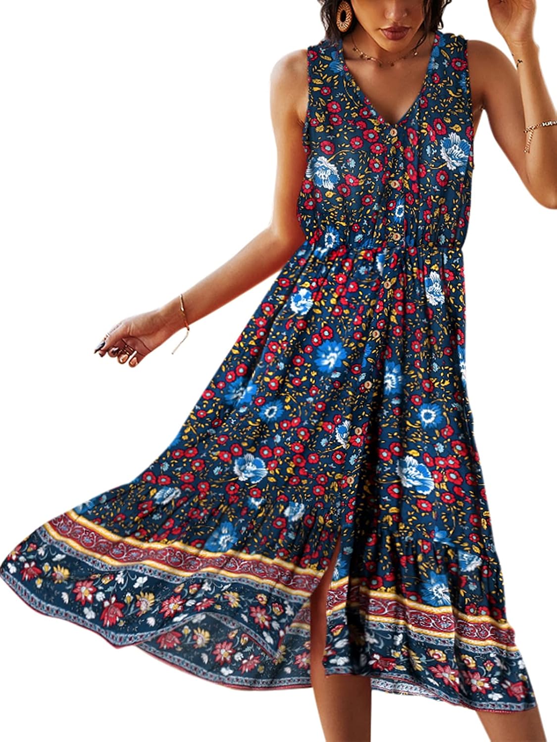 Bohemian Floral V Neck Button Down Sleeveless Dress for Women