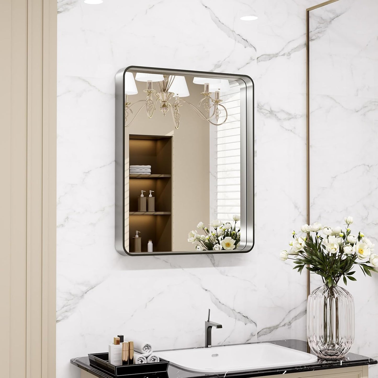 Brushed Nickel Bathroom Mirror with Rounded Rectangle Frame