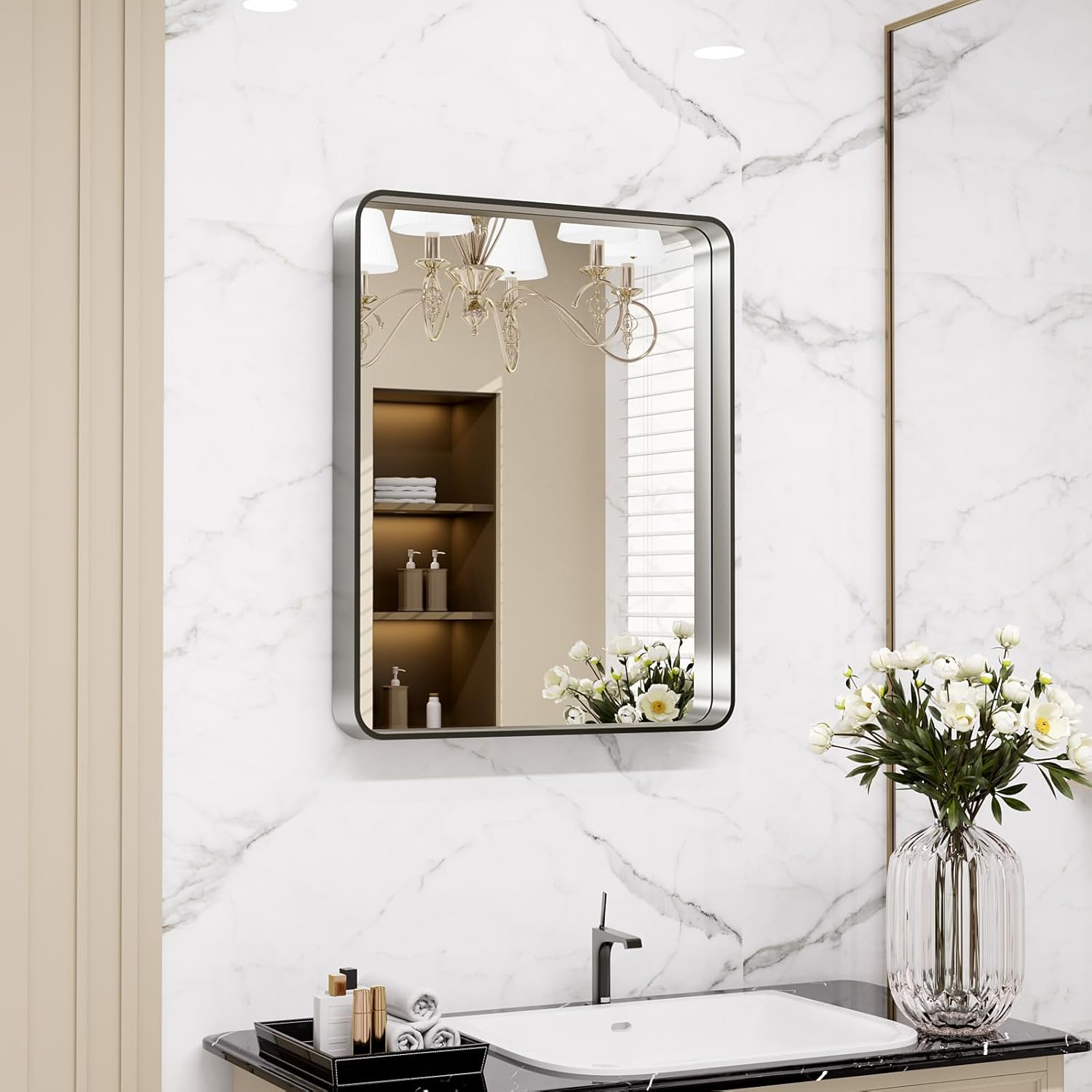 Brushed Nickel Bathroom Mirror with Rounded Rectangle Frame