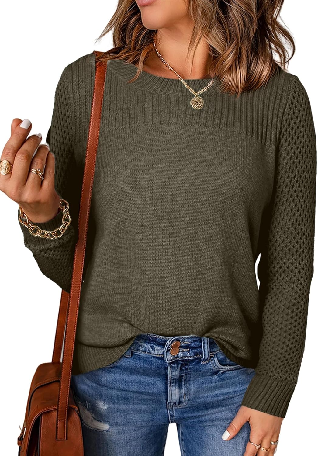 EVALESS Womens Sweaters Casual Long Sleeve Crewneck Knit Pullover