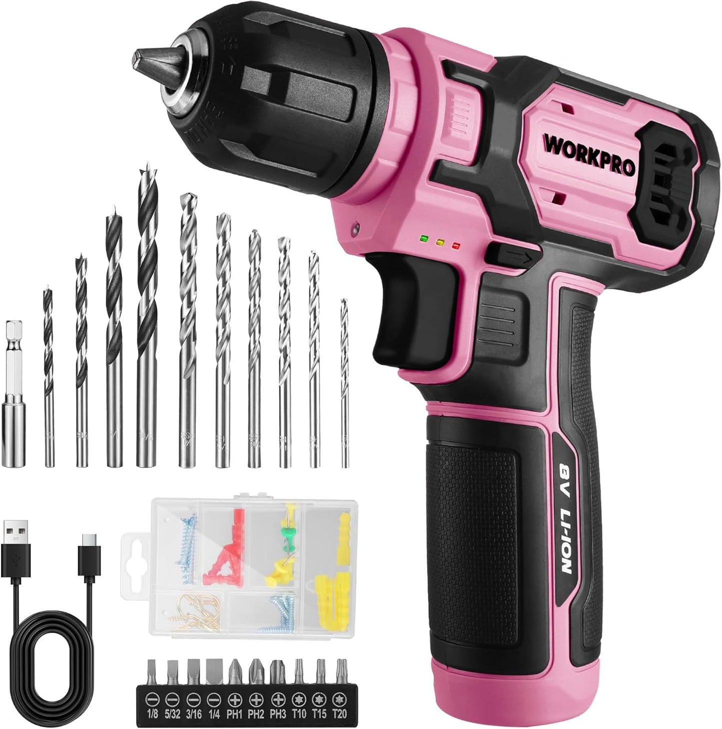 WORKPRO Pink Power Drill Set: 8V Cordless Drill Driver Kit