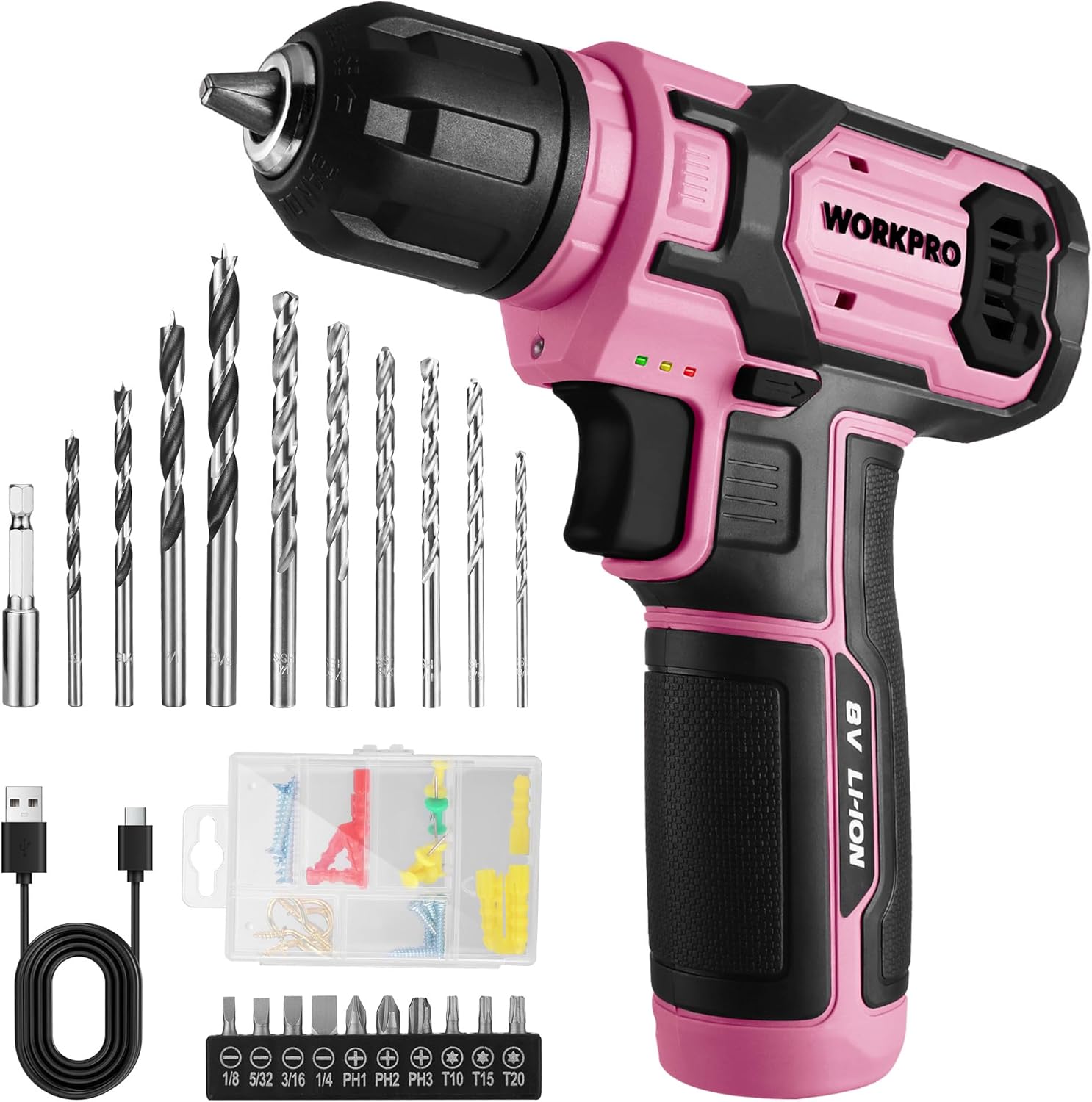 WORKPRO Pink Power Drill Set: 8V Cordless Drill Driver Kit