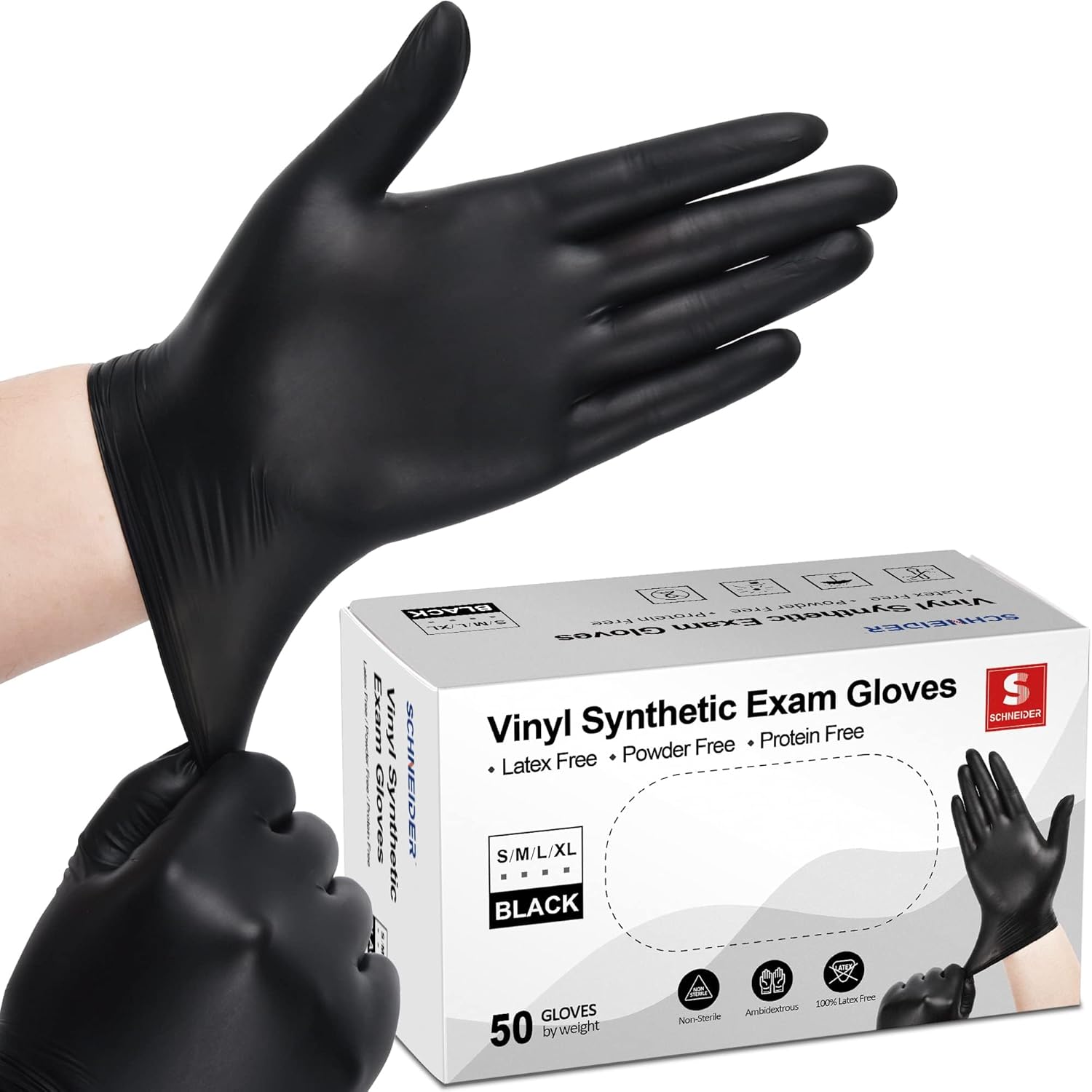 Schneider Black Vinyl Exam Gloves - Latex-Free 4mil for Medical & More