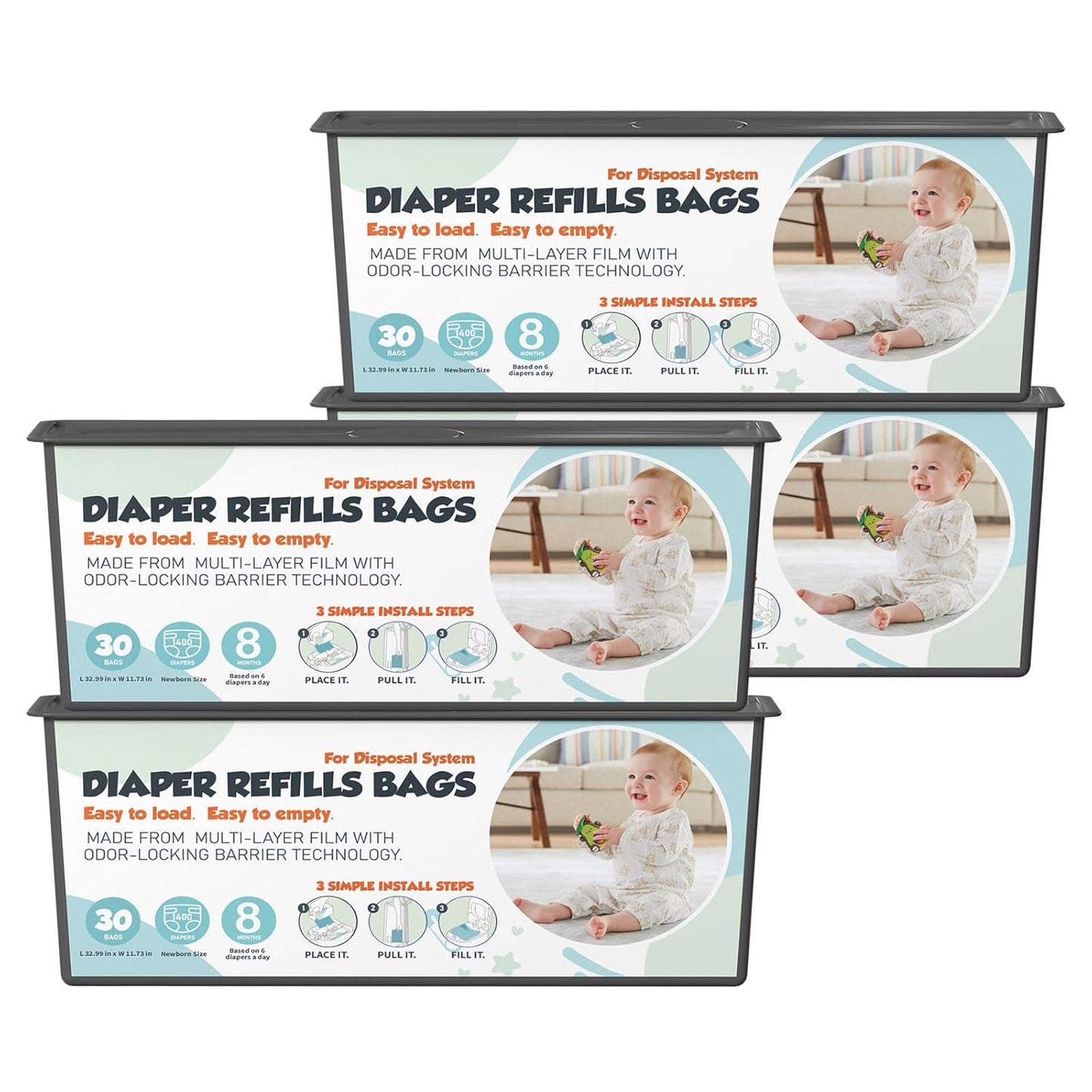 Diaper Pail Refills Bags for Genie Easy Roll Pails - 120 Bags