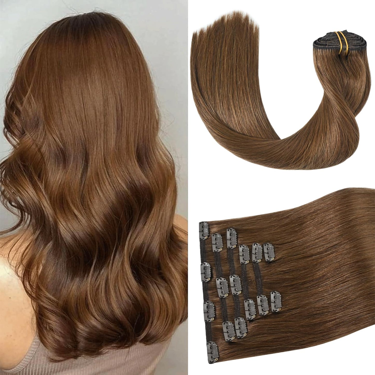 Light Brown Hair Extensions Clip in Real Human Hair 18 Inch