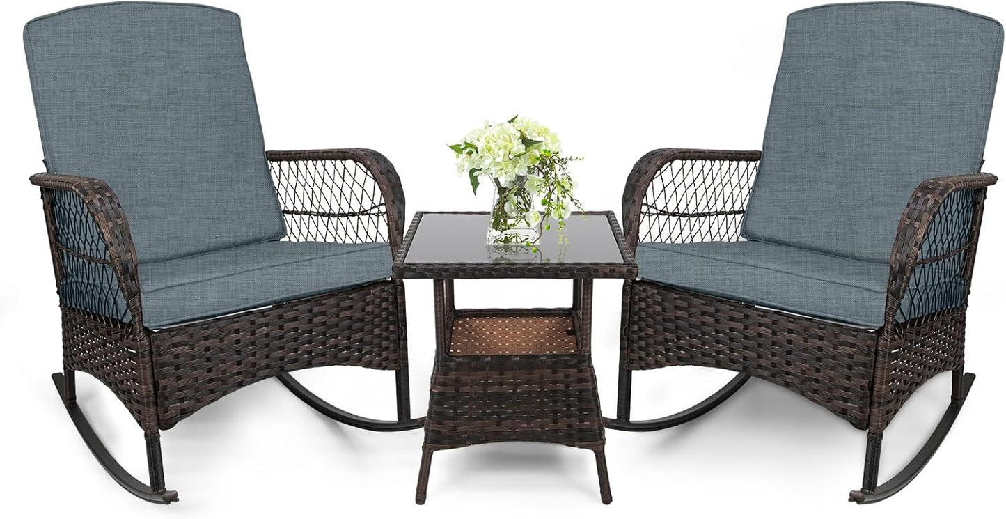 Rocking Bistro Set with PE Wicker Chairs for Outdoor Relaxation