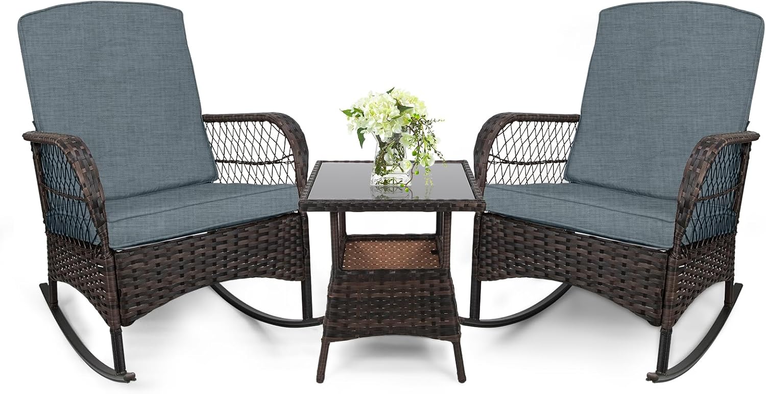 Rocking Bistro Set with PE Wicker Chairs for Outdoor Relaxation