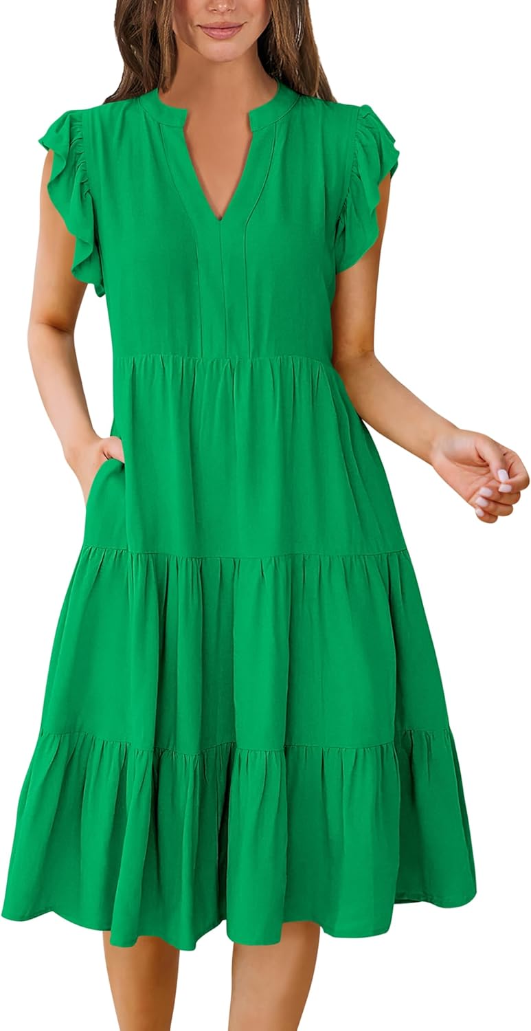Womens Summer Dress Ruffle Sleeve V Neck Midi Dresses Fashion