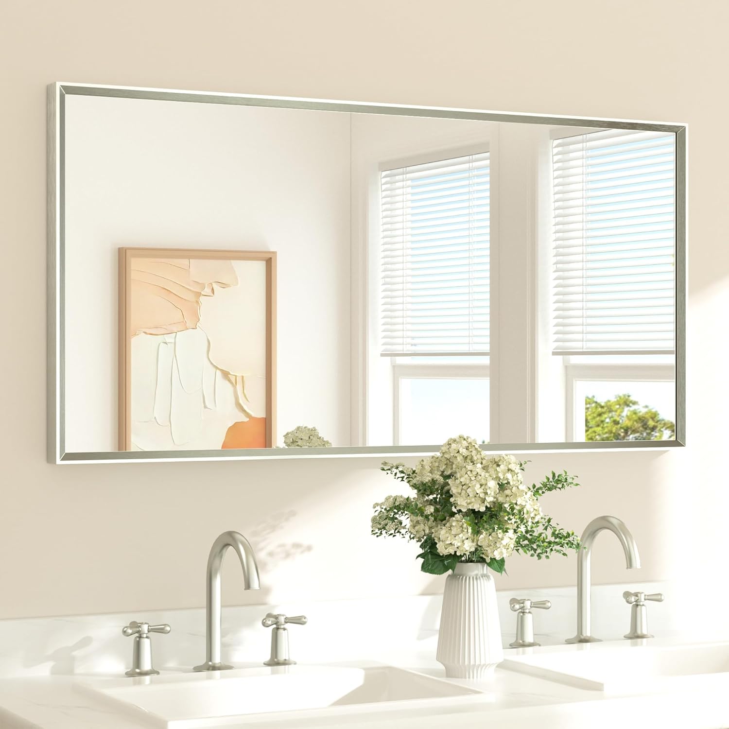 TETOTE Brushed Nickel Bathroom Mirror with Beveled Frame 48 x 24
